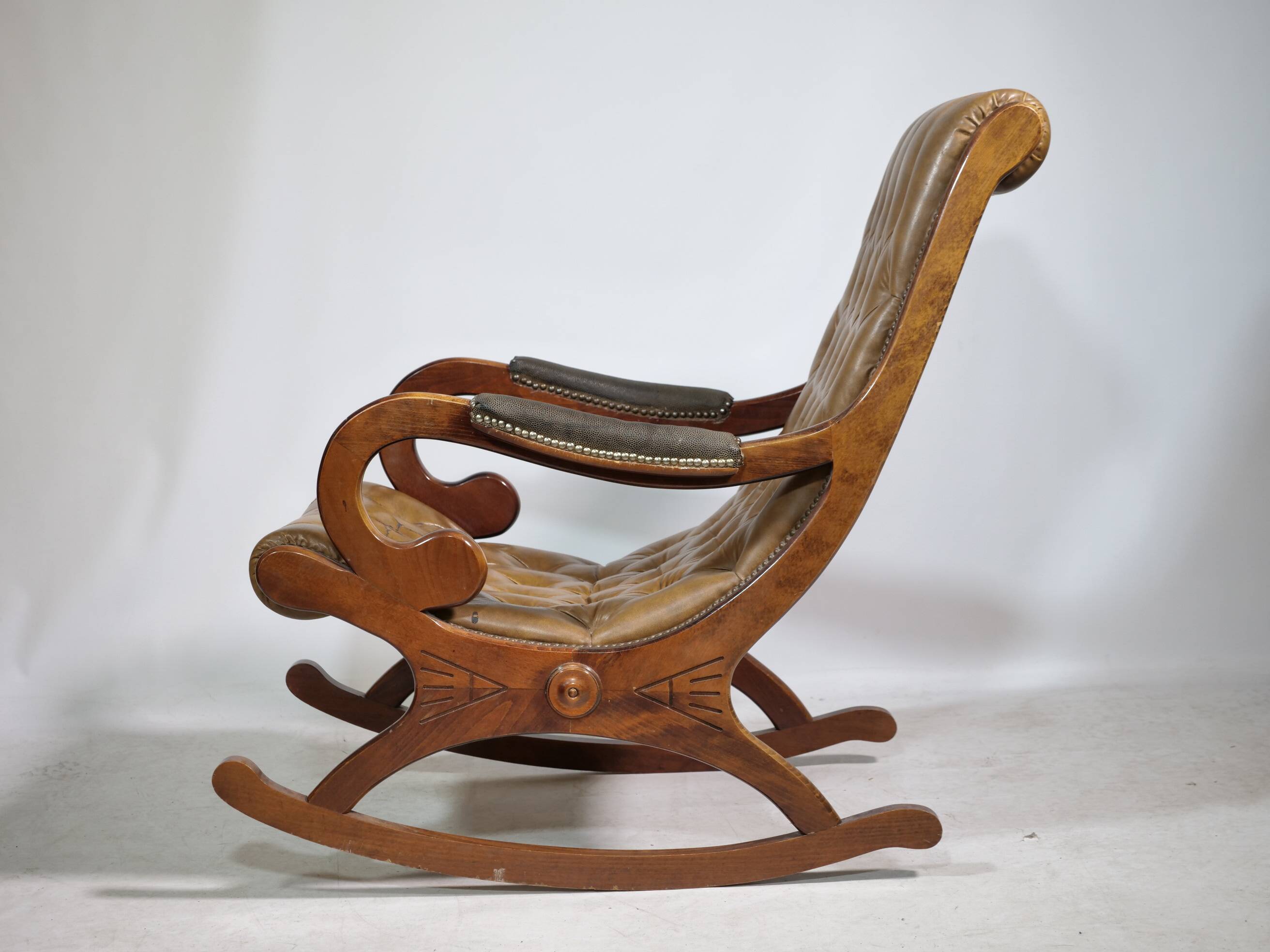 Vintage Chesterfield Design Leather Rocking Chair in Wood, 1920s