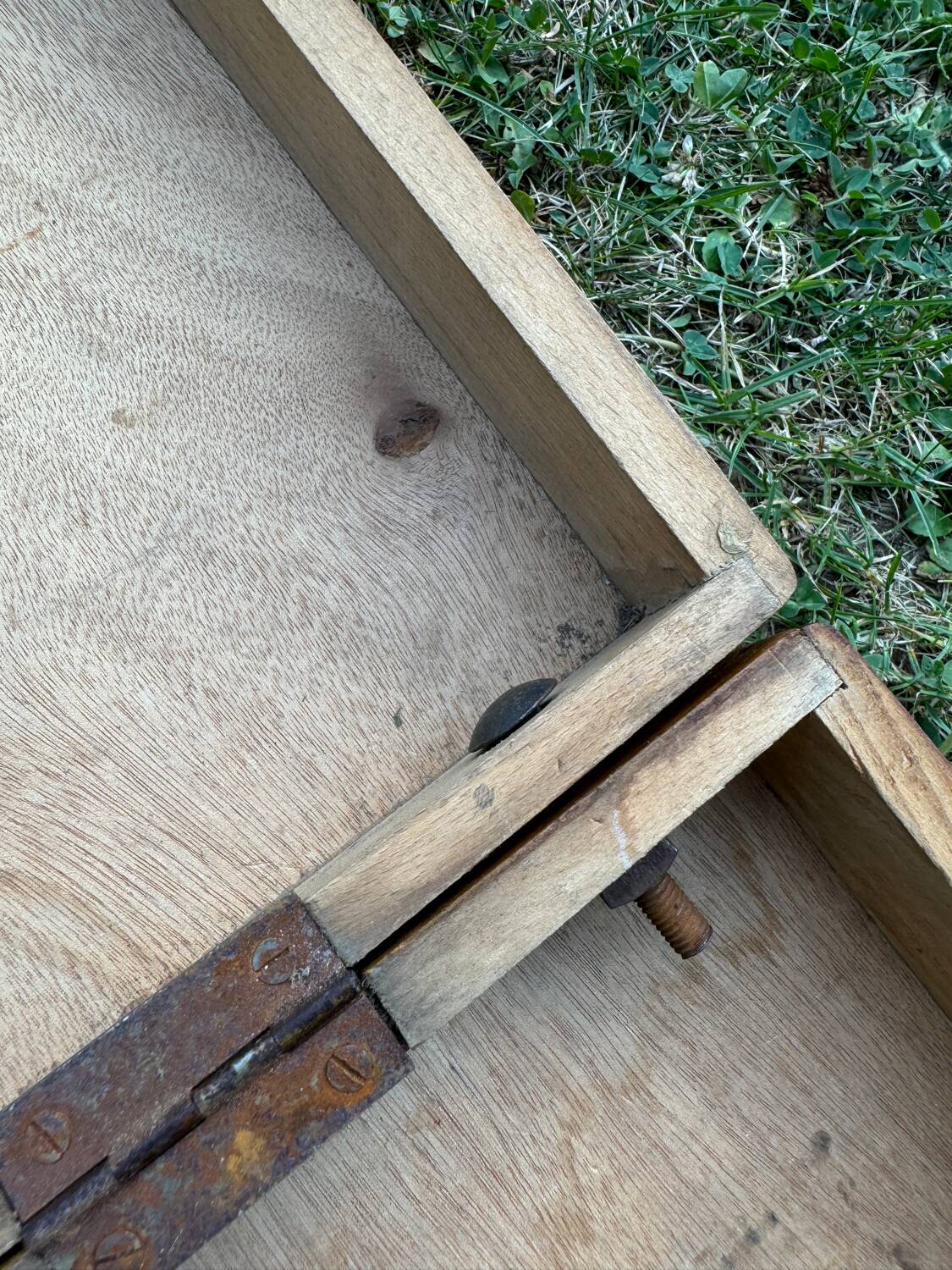 Old suitcase, table and stools, vintage wooden picnic