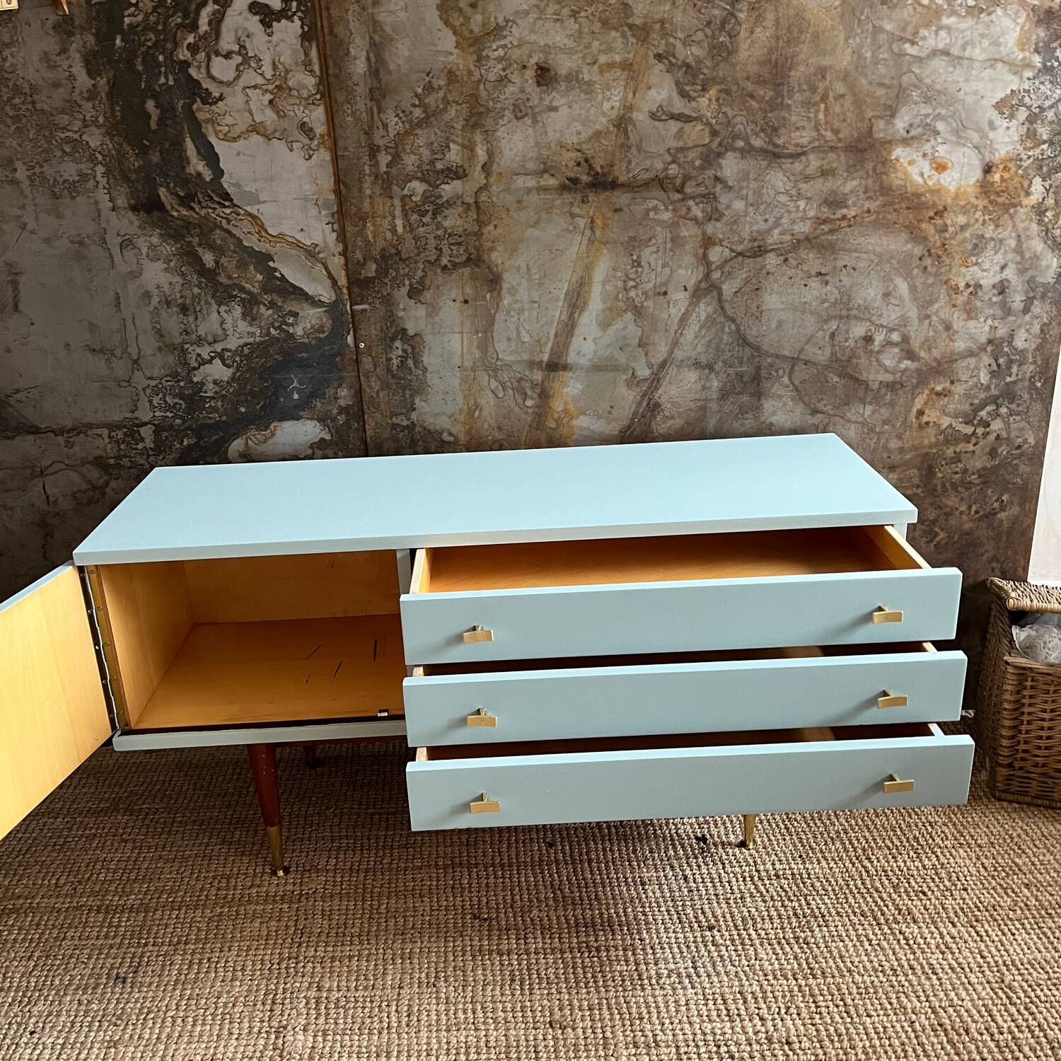 Seventies freshwater blue and brass sideboard