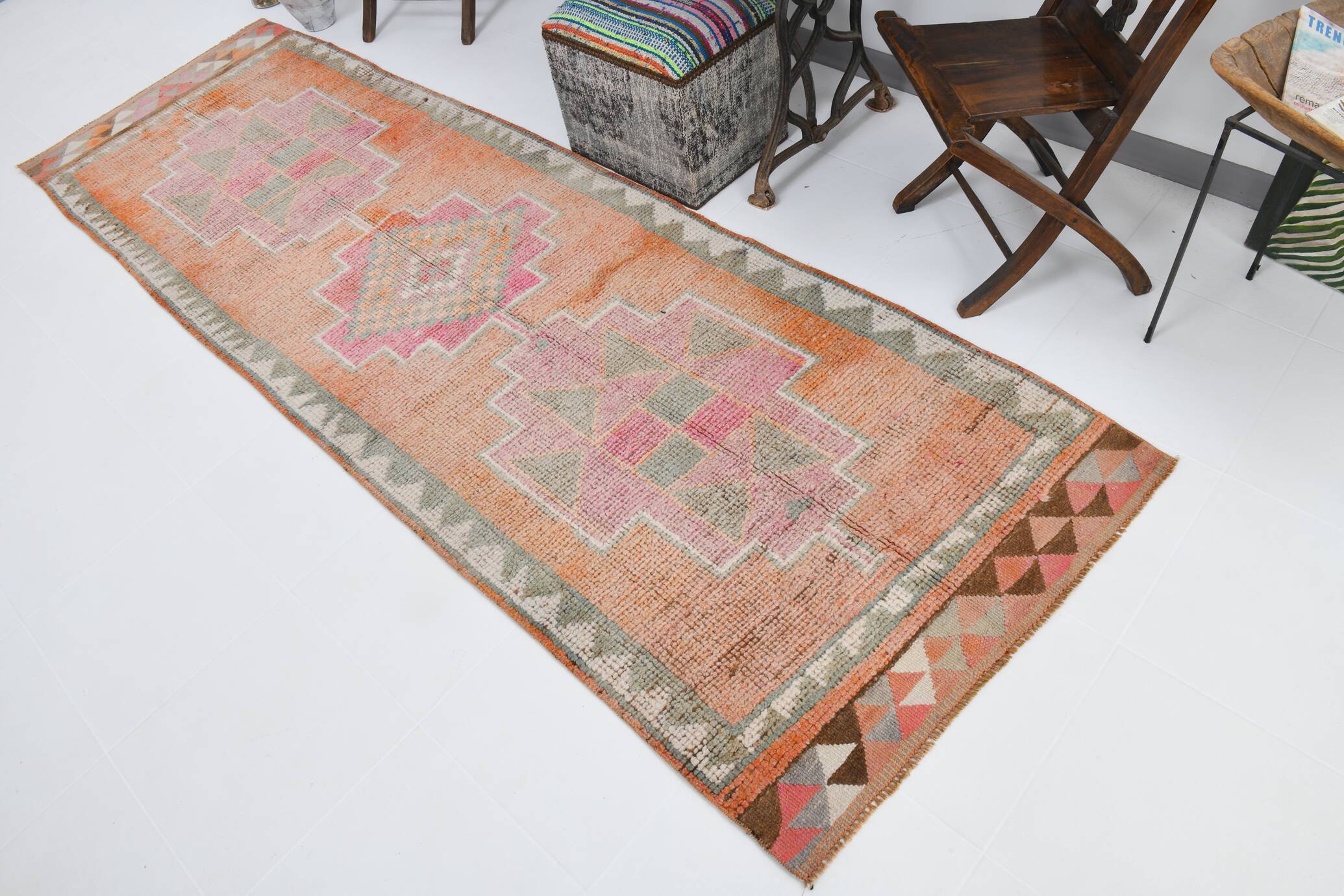 3x10 Orange Brown Handmade Wool Vintage Runner Rug, 103x323Cm SK 18245