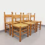 Suite of 6 vintage brutalist chairs in solid oak wood and straw from the 60s