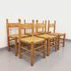 Suite of 6 vintage brutalist chairs in solid oak wood and straw from the 60s