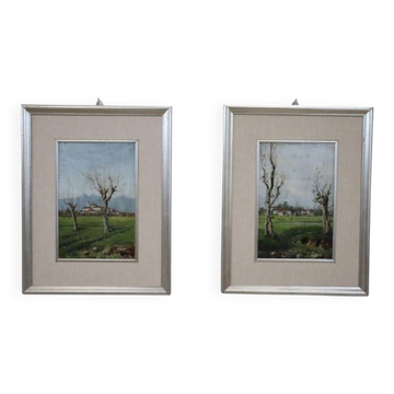 Set Of 2 Countryside Landscapes, Oil On Board, Italy Early 20th Century