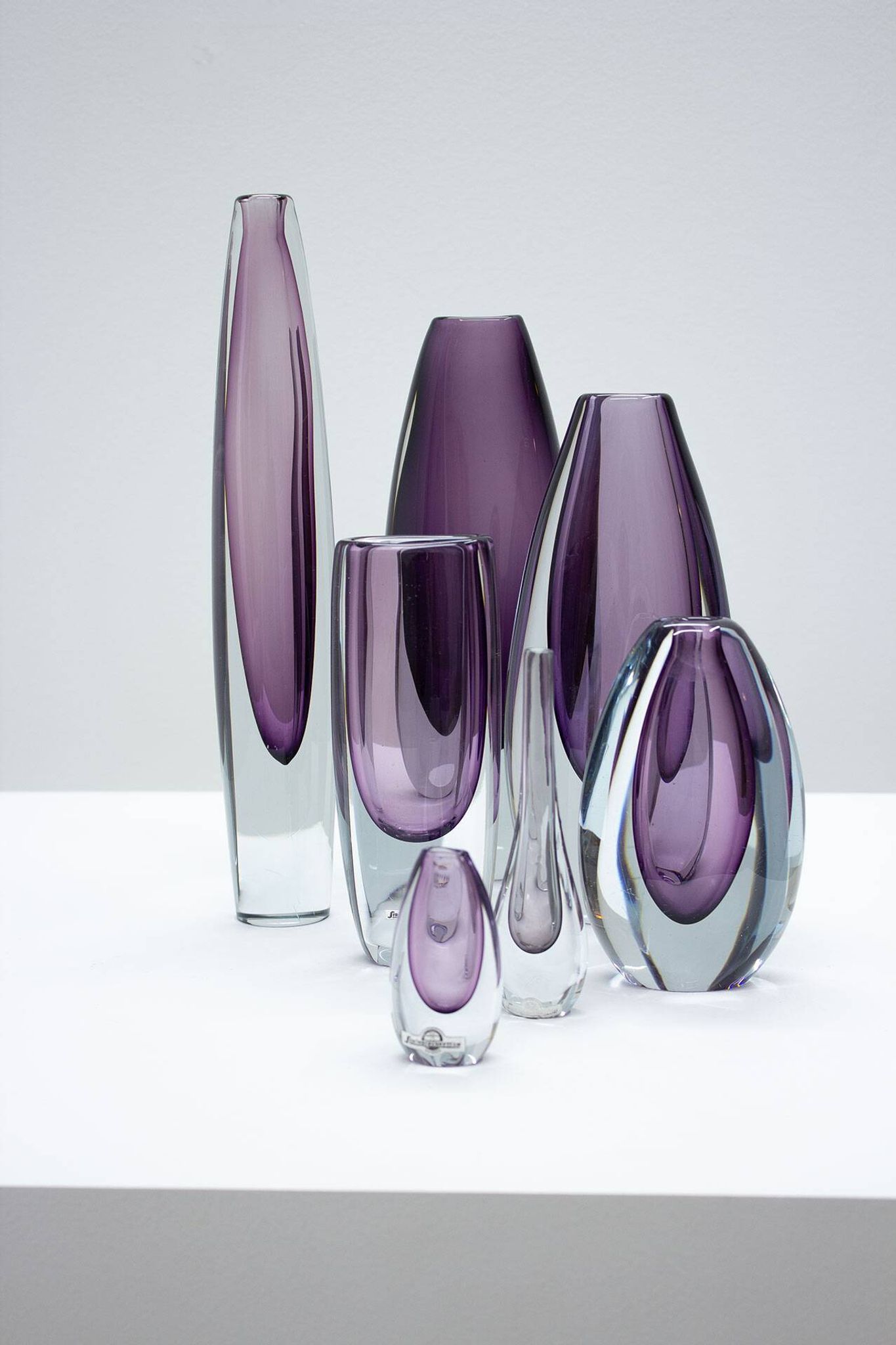 Group of 7 glass "Sommerso" vases by Strömbergshyttan, Sweden