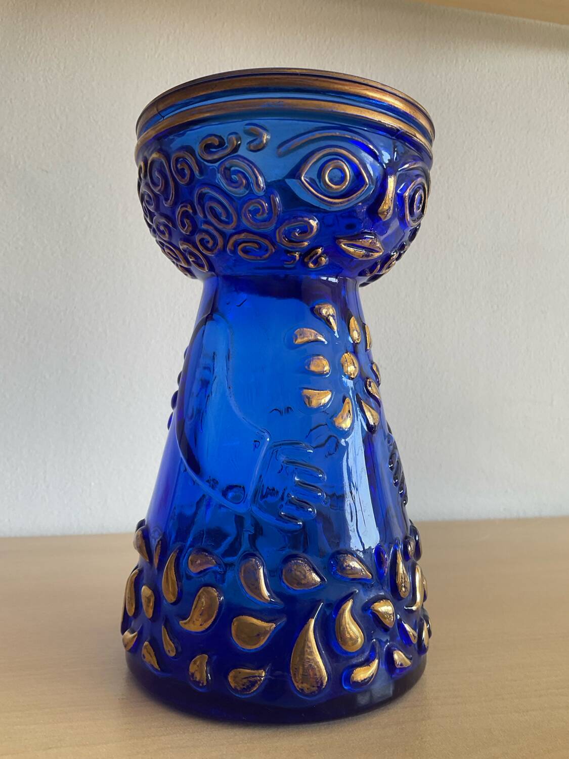Anthropomorphic Hyacinth vase in cobalt blue and gold glass