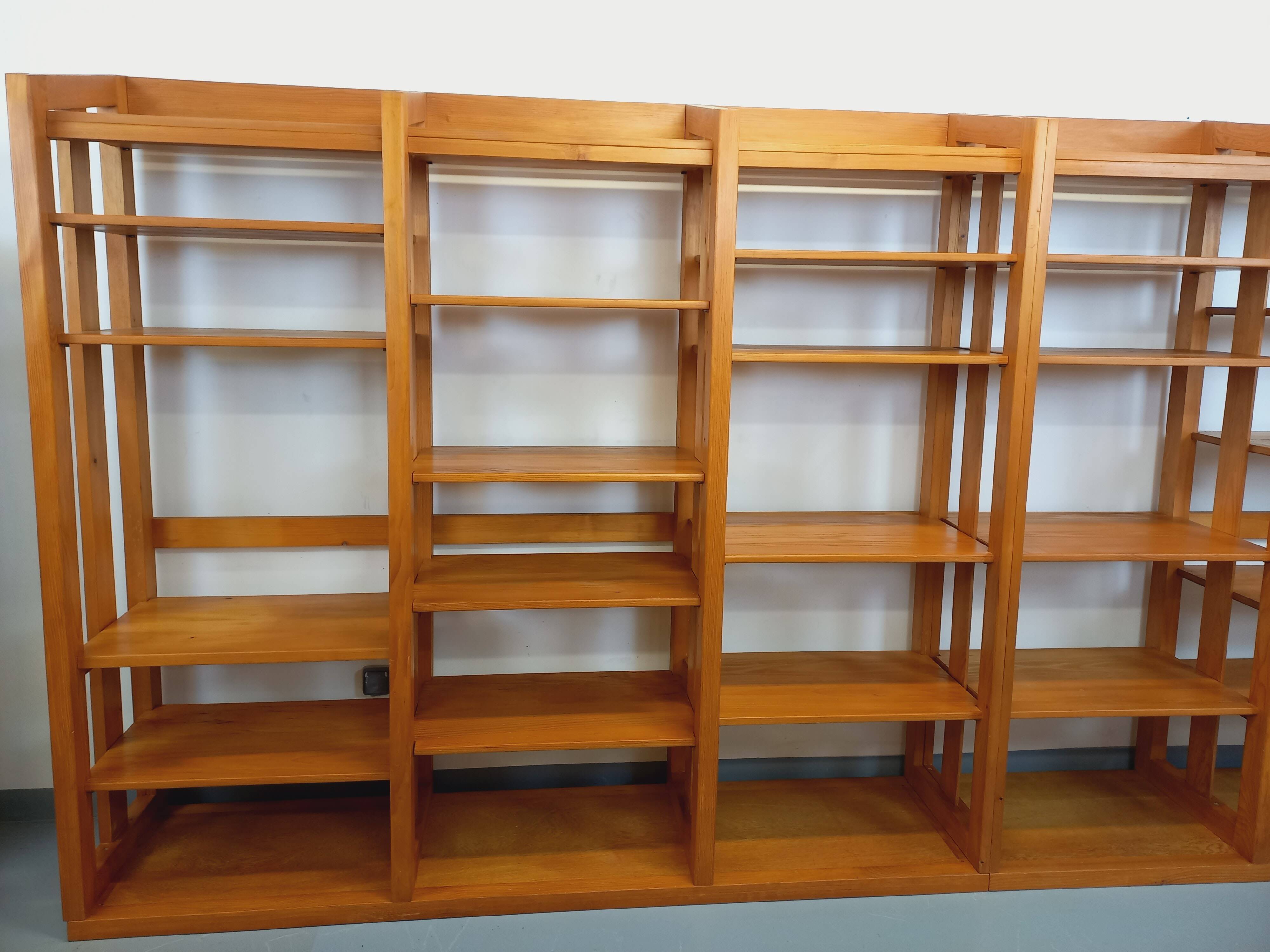 Large modular library of 6 parts with 30 vintage wooden shelves.