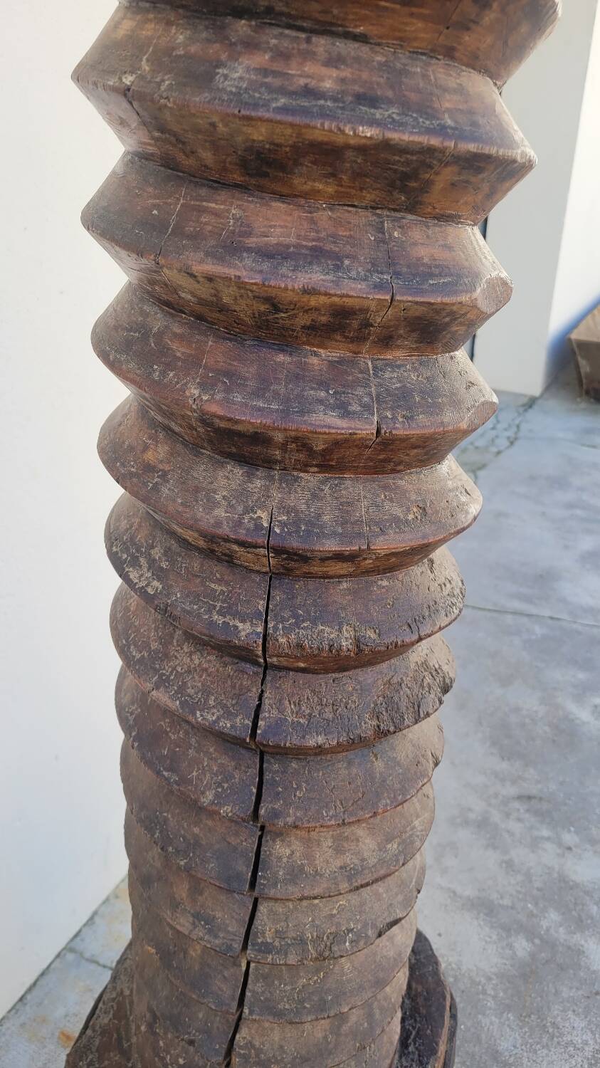 Old wooden press screw column 19th rustic folk art in oak