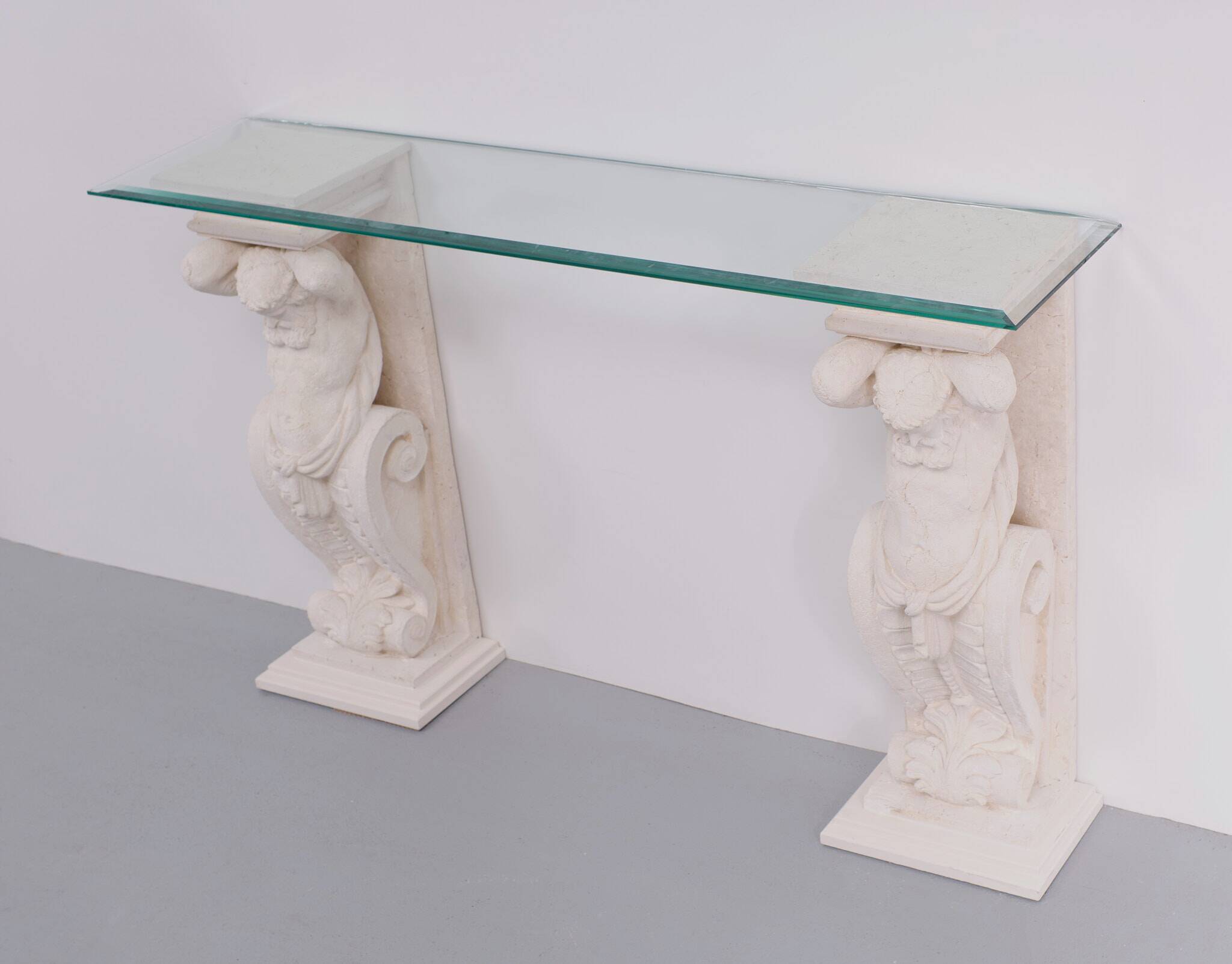 1970s Classic Greek Console Table with Cast Stone and Glass Top