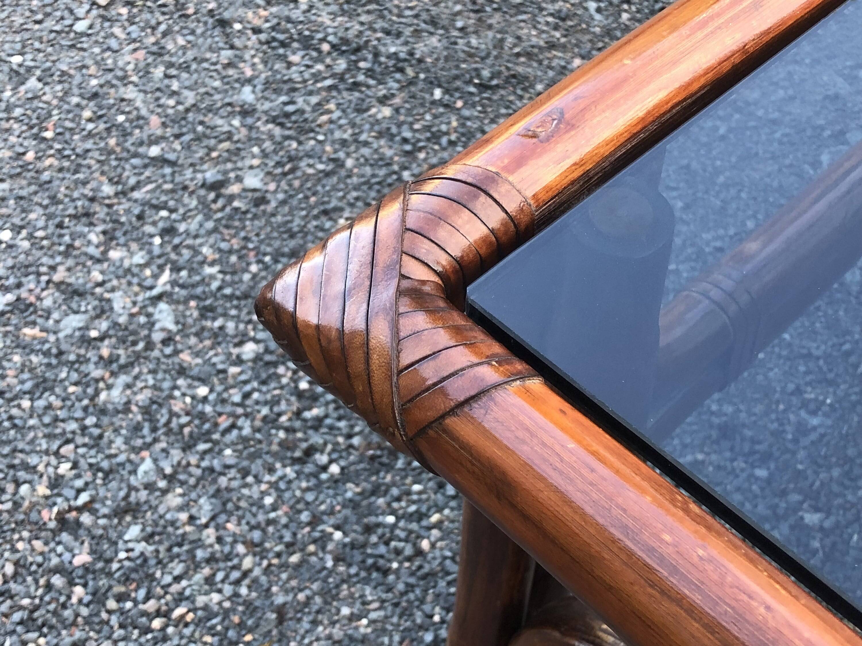 Large vintage rattan and smoked glass coffee table, 1970s