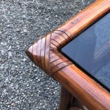 Large vintage rattan and smoked glass coffee table, 1970s