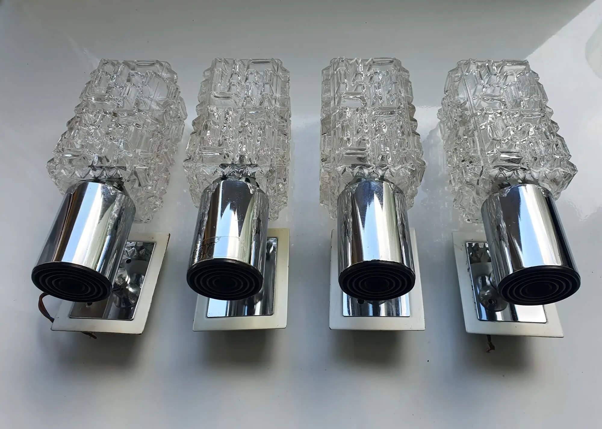 Four vintage chrome wall lights with square globes, Italian Targetti, 1970s