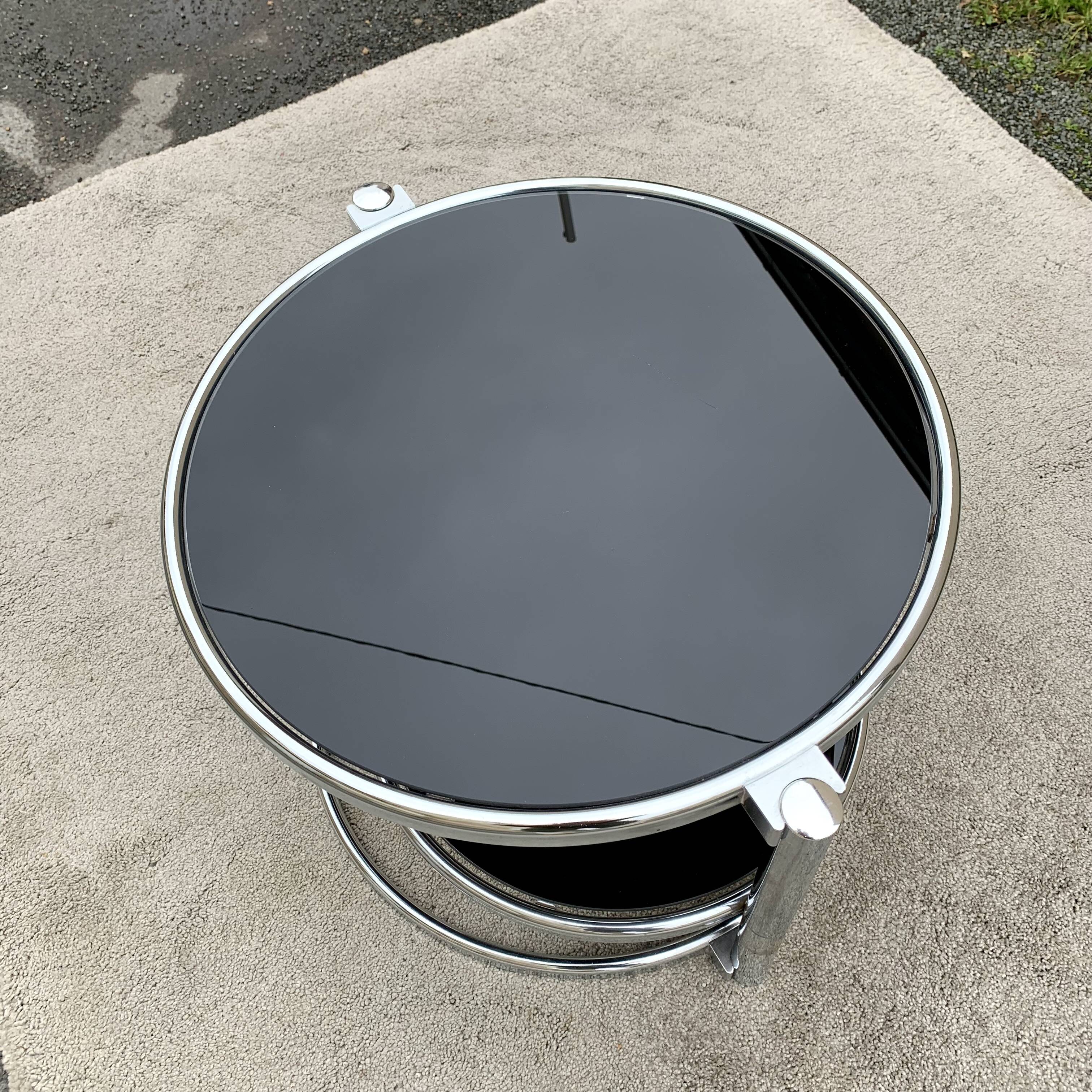 Articulated coffee table with 3 shelves, black glass and chrome, 1980