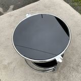 Articulated coffee table with 3 shelves, black glass and chrome, 1980