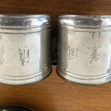 6 cups and sub-cups in pewter motifs birds and flowers and Chinese inscription