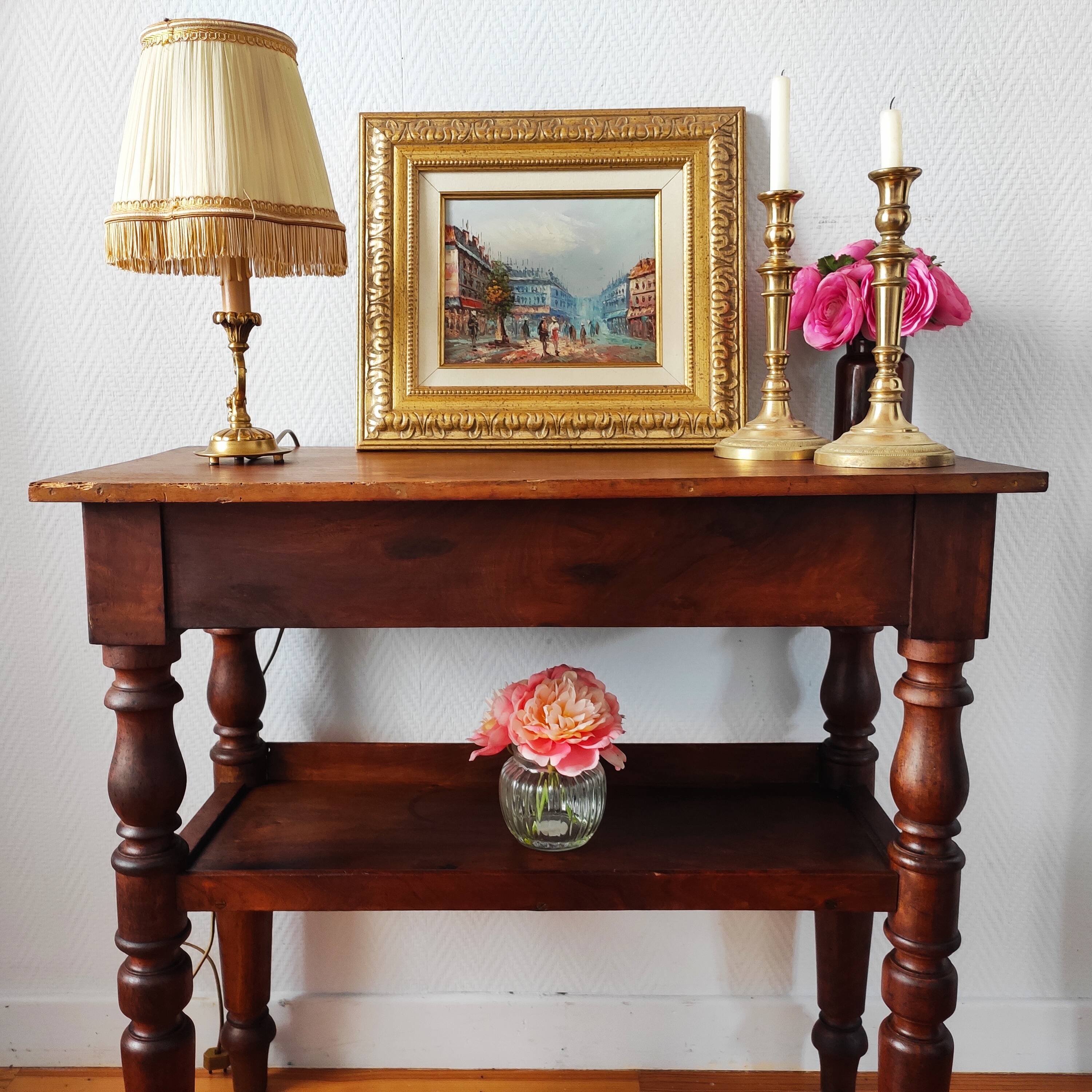 Antique solid walnut console serving trolley