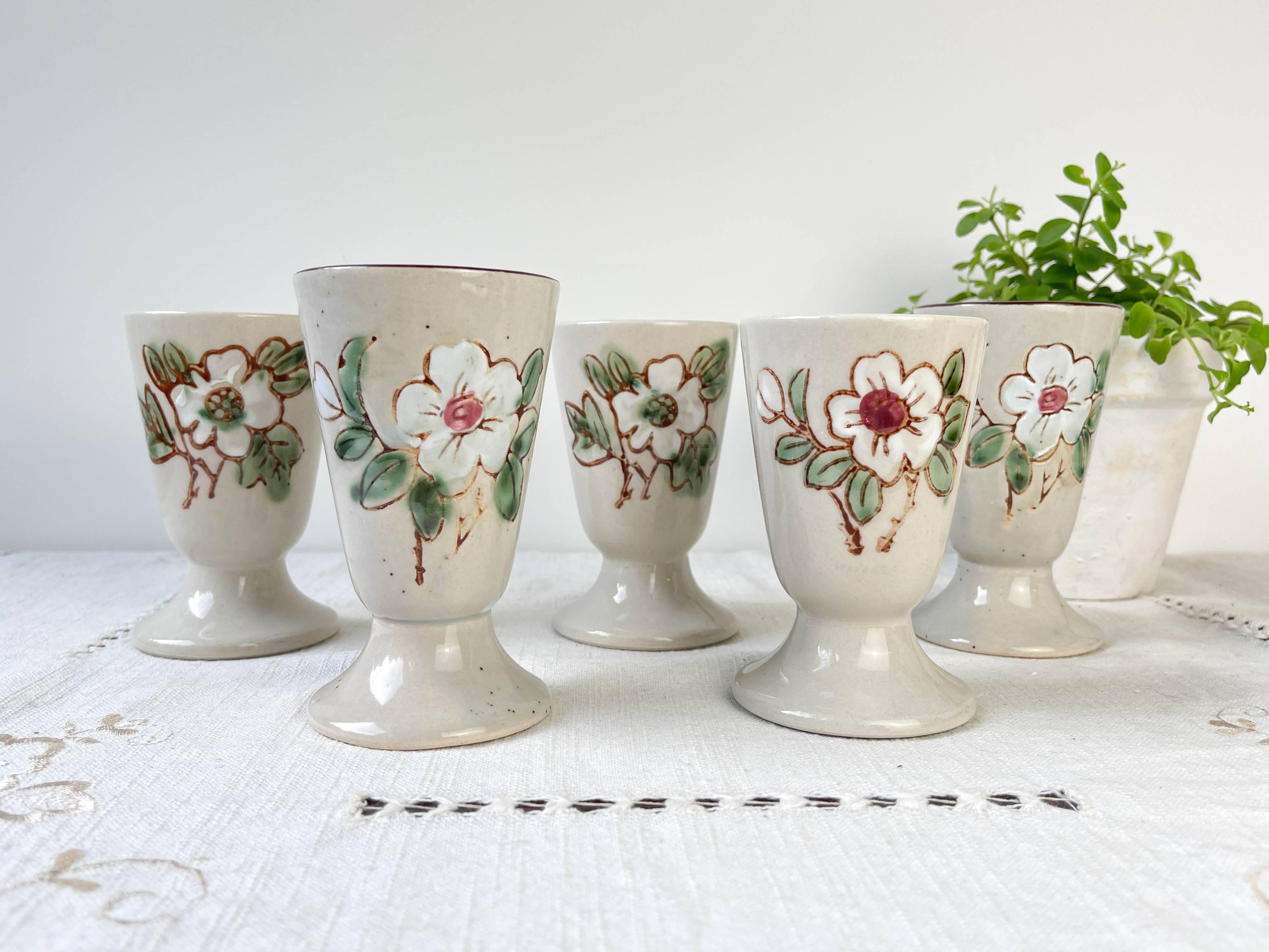 5 vintage stoneware Mazagrans with floral pattern Made in Korea 1980