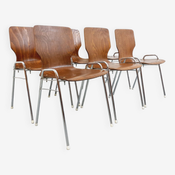 Suite de 6 chaises empilables Baumann en bois et métal, années 70