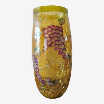 Yellow glass vase, cracked paint, grape motifs