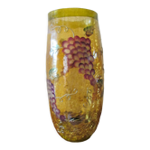 Vase en verre jaune, peinture craquelée, motifs raisins