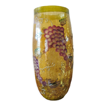 Yellow glass vase, cracked paint, grape motifs