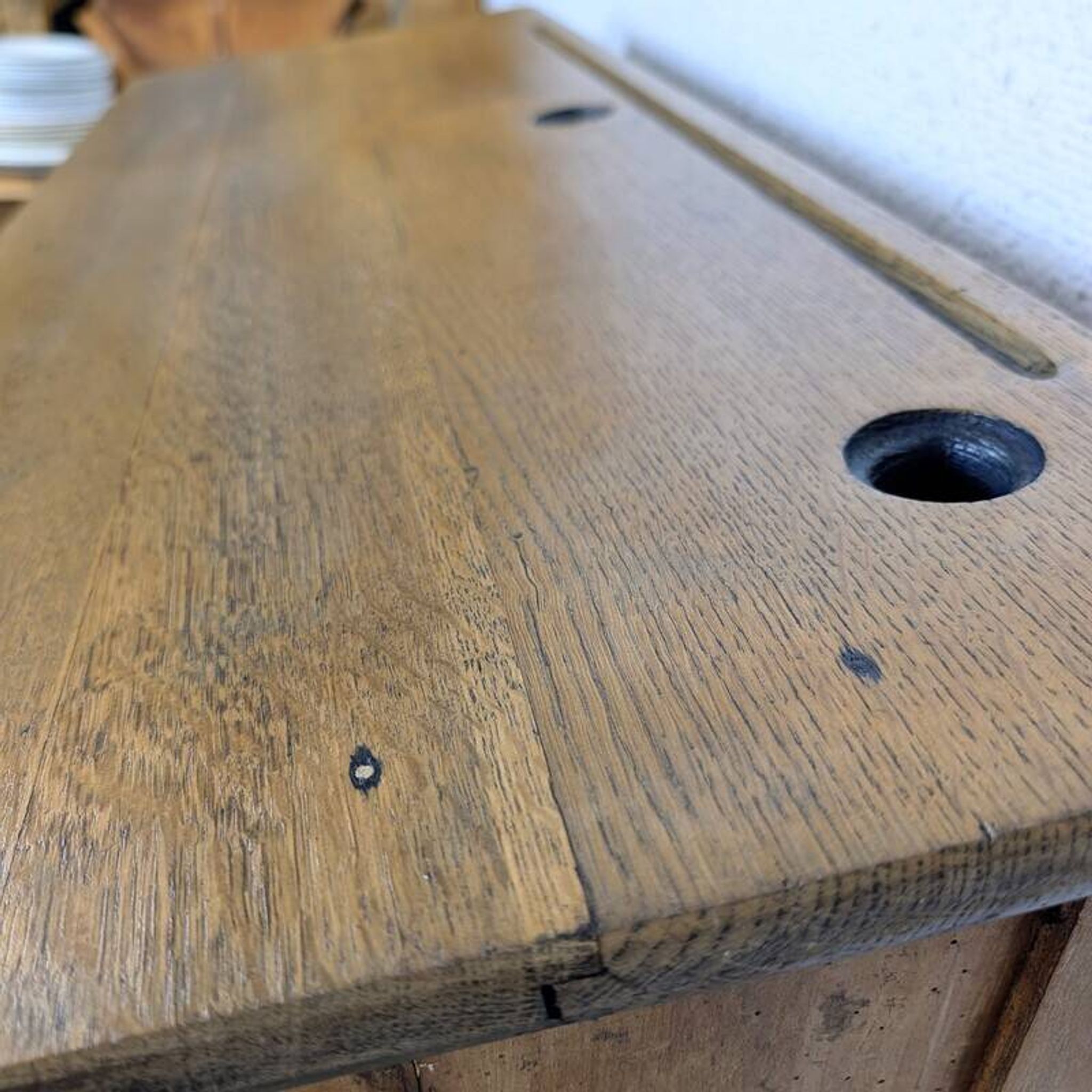Double school desk and its wooden bench