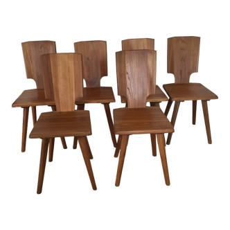 Pierre Chapo series of 6 chairs S 28 solid elm from 1976