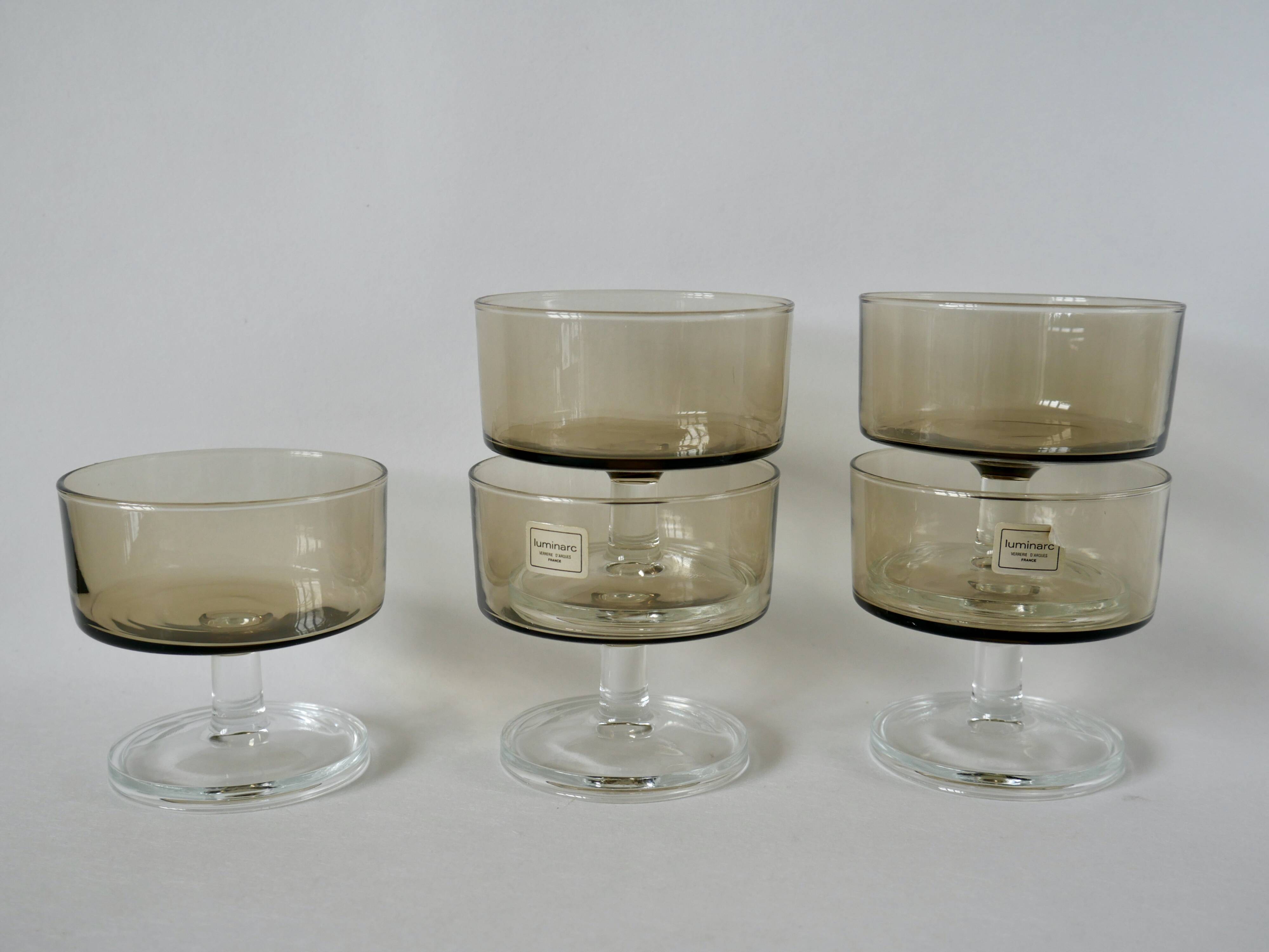 Set of 5 70s Luminarc smoked glass champagne glasses