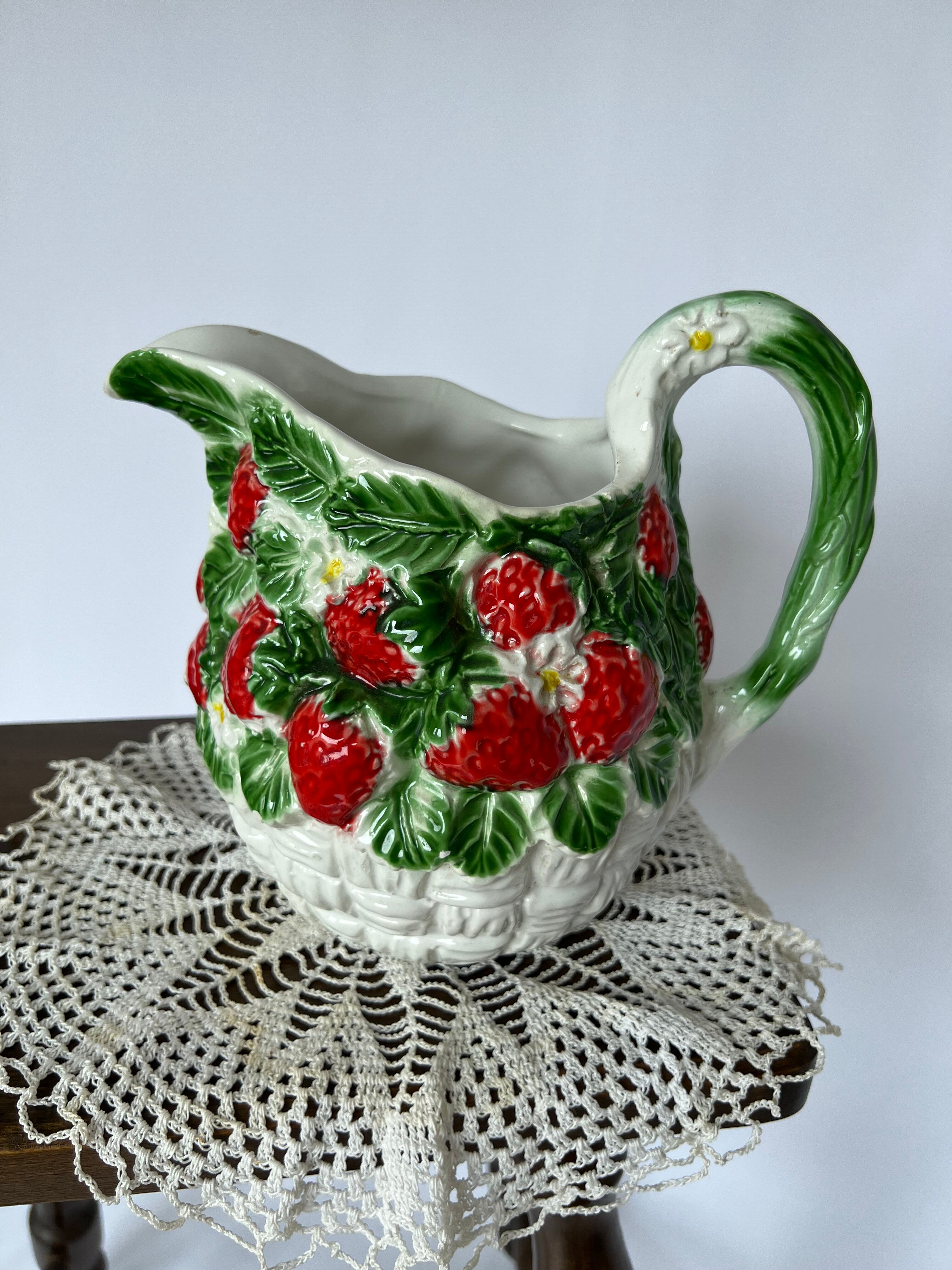 Pitcher carafe vintage slip pattern strawberries