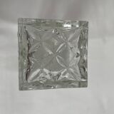 Molded glass carafe, 1960s-1970s, stylized flower decoration, oval, square base, stopper, rosette