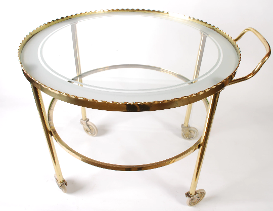 Mid century polished brass serving trolley, 1930's cocktail bar cart