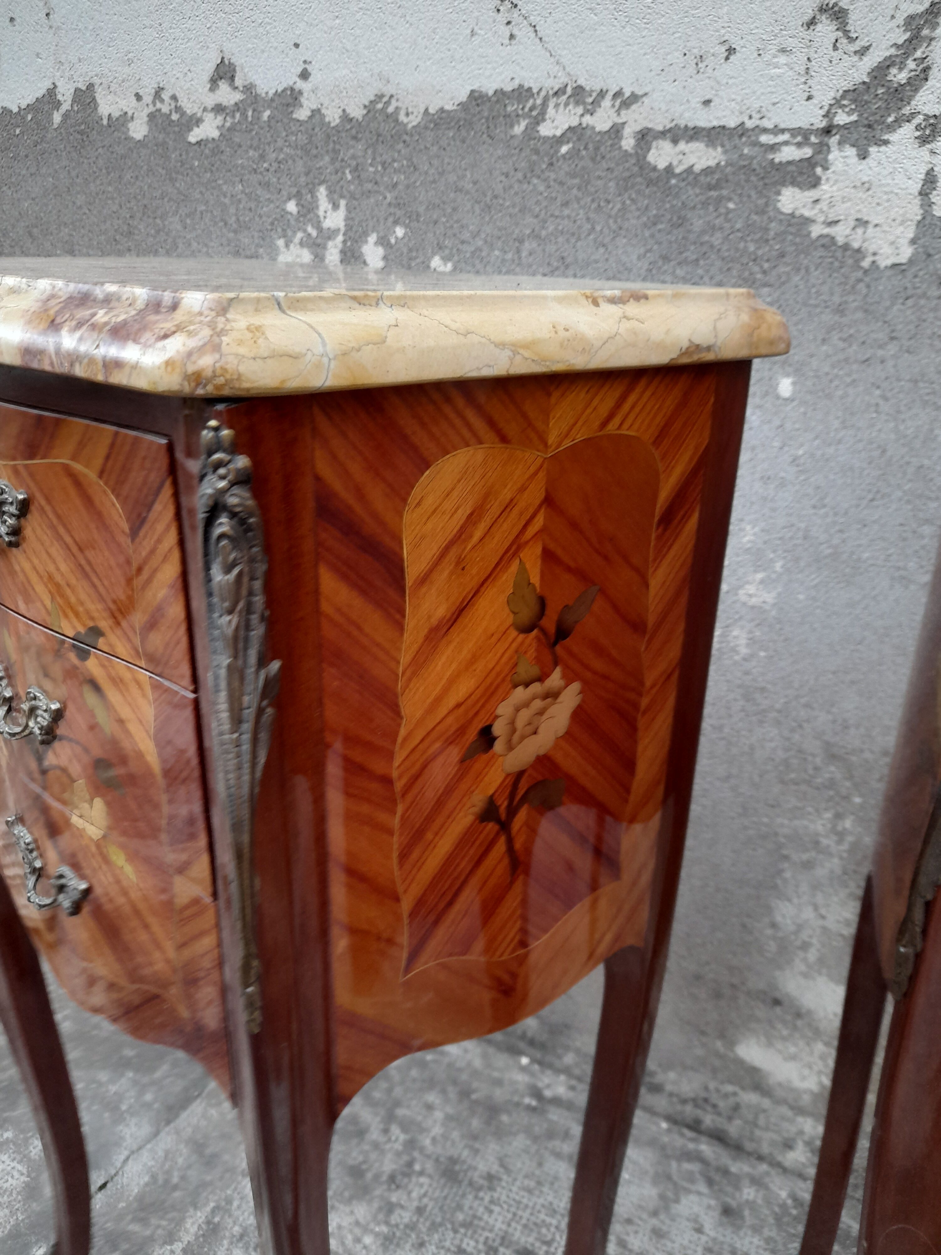 Pair of Louis XV style bedside tables in Marquetry