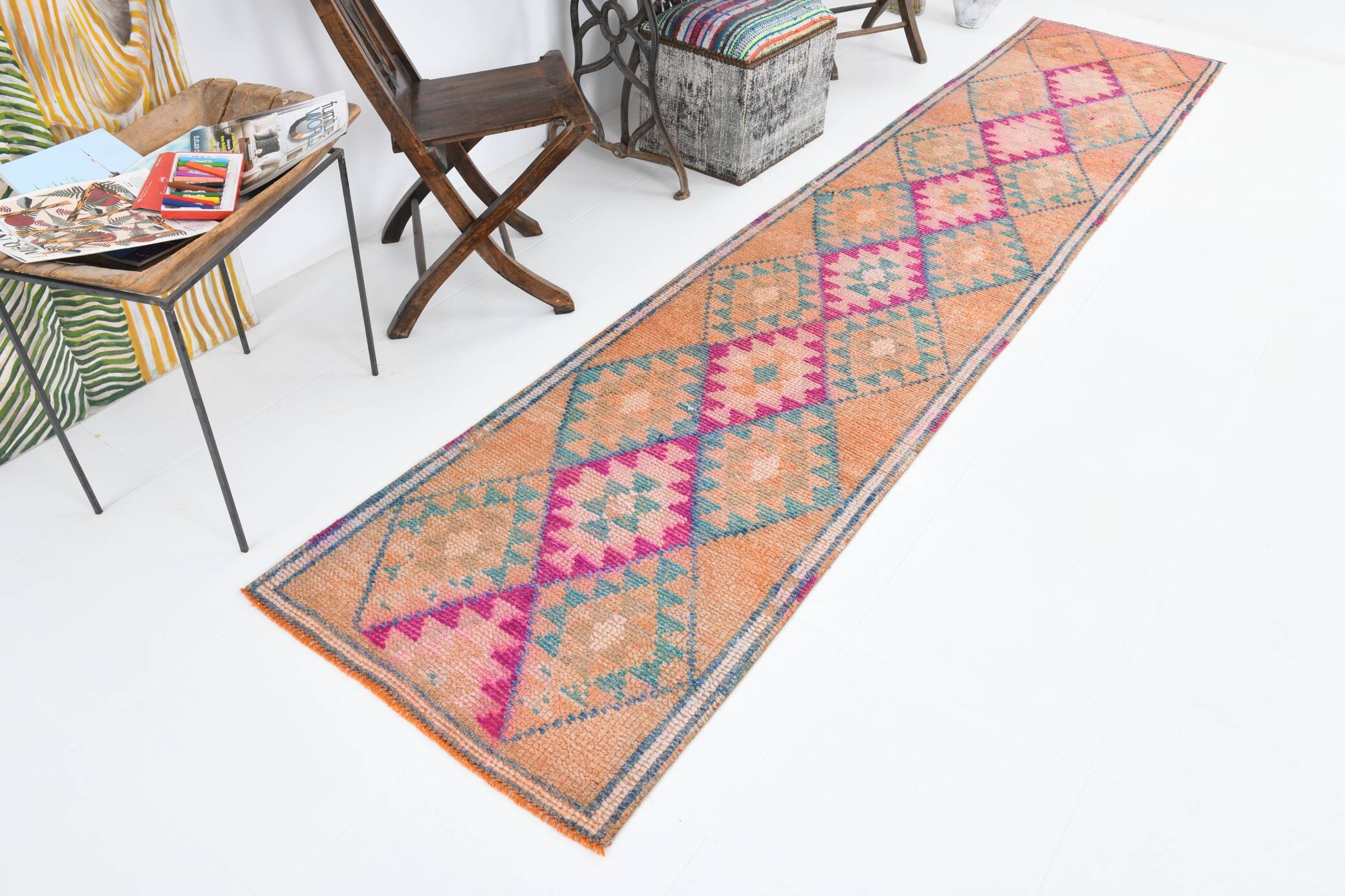 2x12 Rug For Kitchen Orange Herki Vintage Runner Rug, 73x369Cm