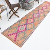 2x12 Rug For Kitchen Orange Herki Vintage Runner Rug, 73x369Cm