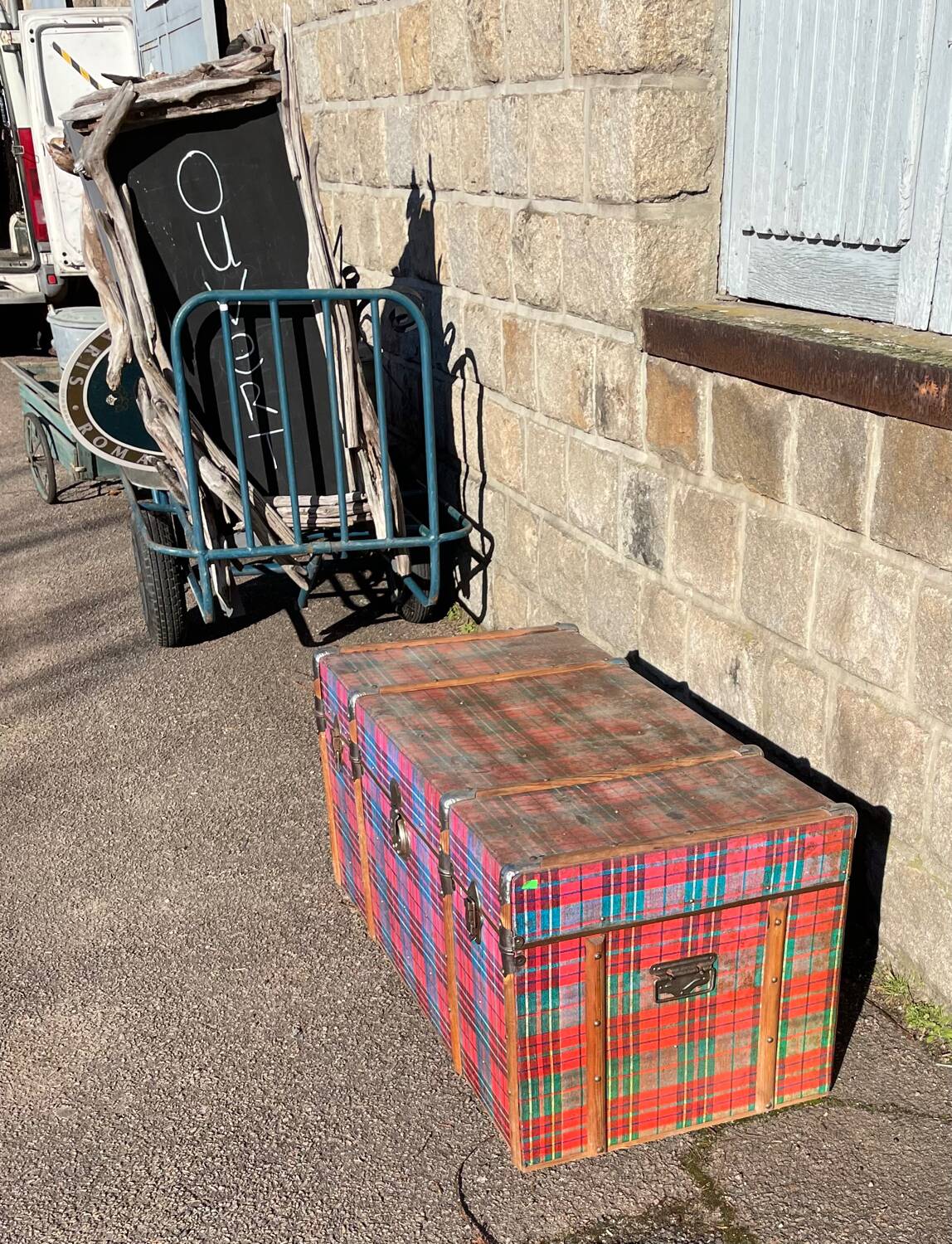 Old wooden and metal travel trunk