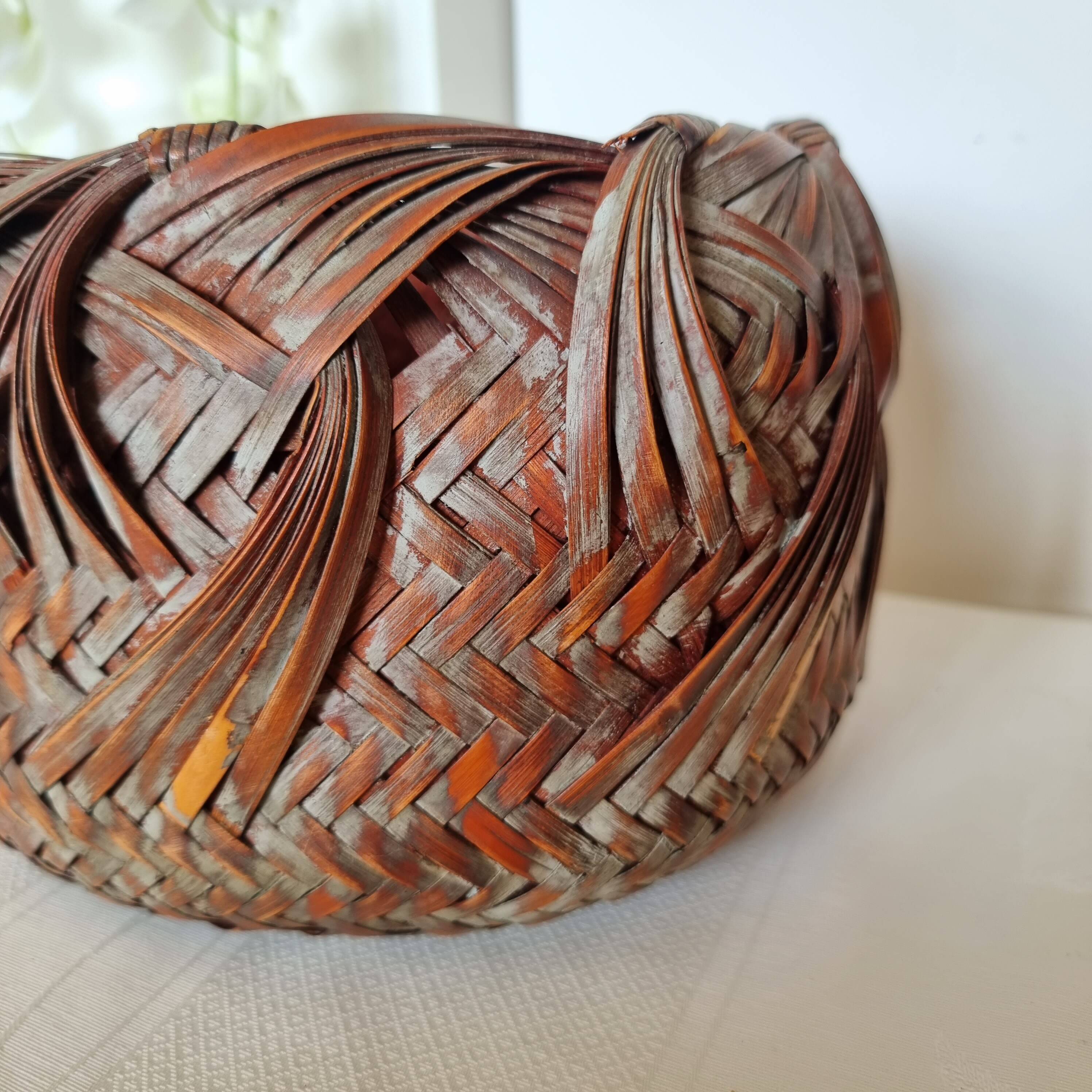 Vintage Japanese Ikebana basket made of smoked bamboo in natural