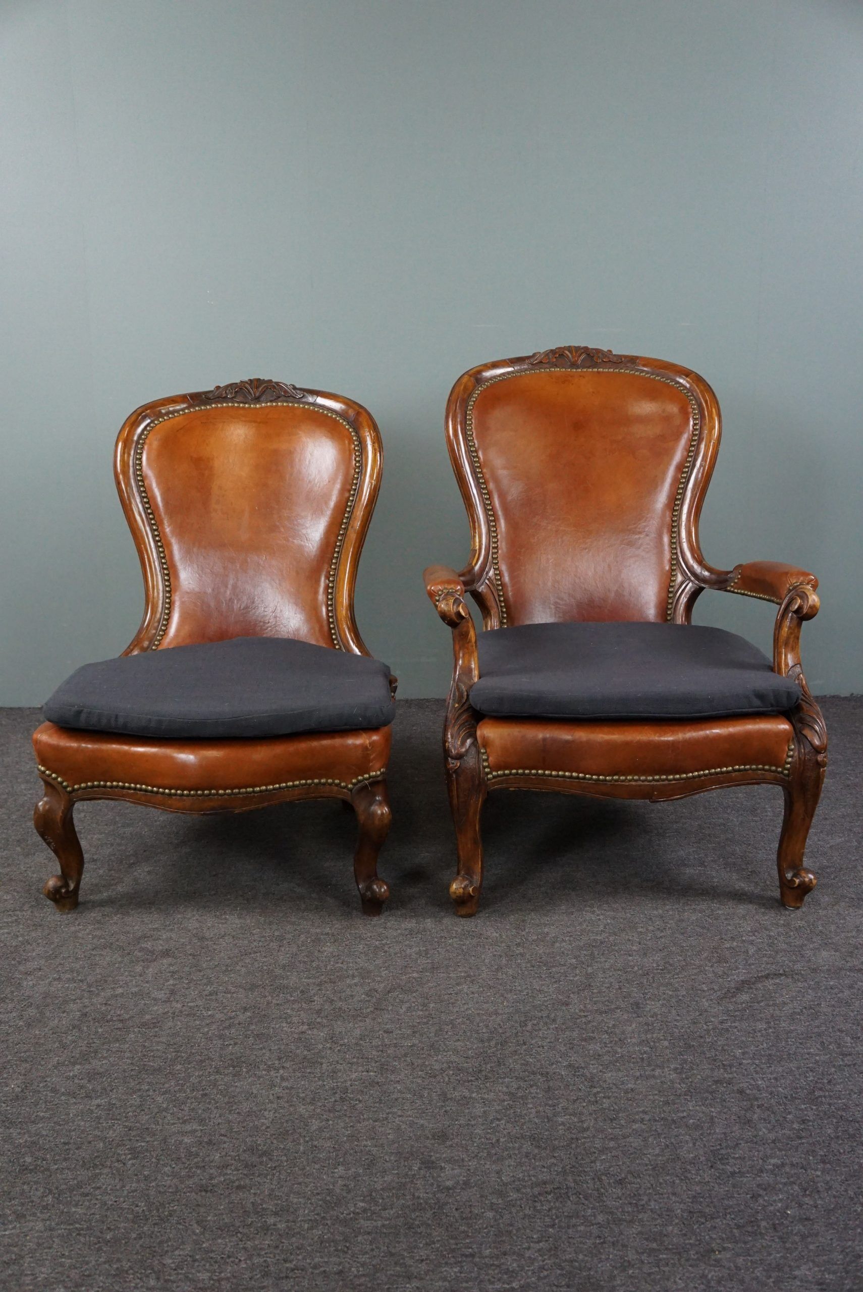 Unique antique set of 2 sheepskin leather armchairs