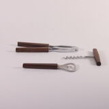 Teak wooden bottle opener, corkscrew and nutcracker set
