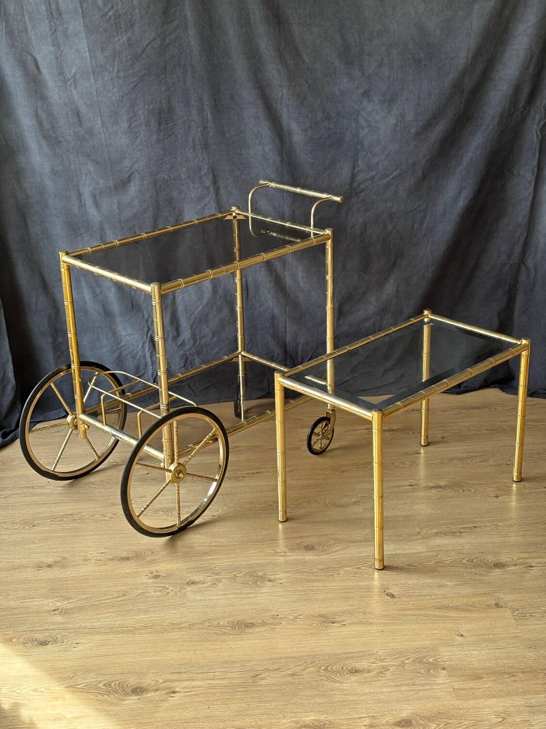 Gilded brass bamboo and smoked glass side table, France 1970