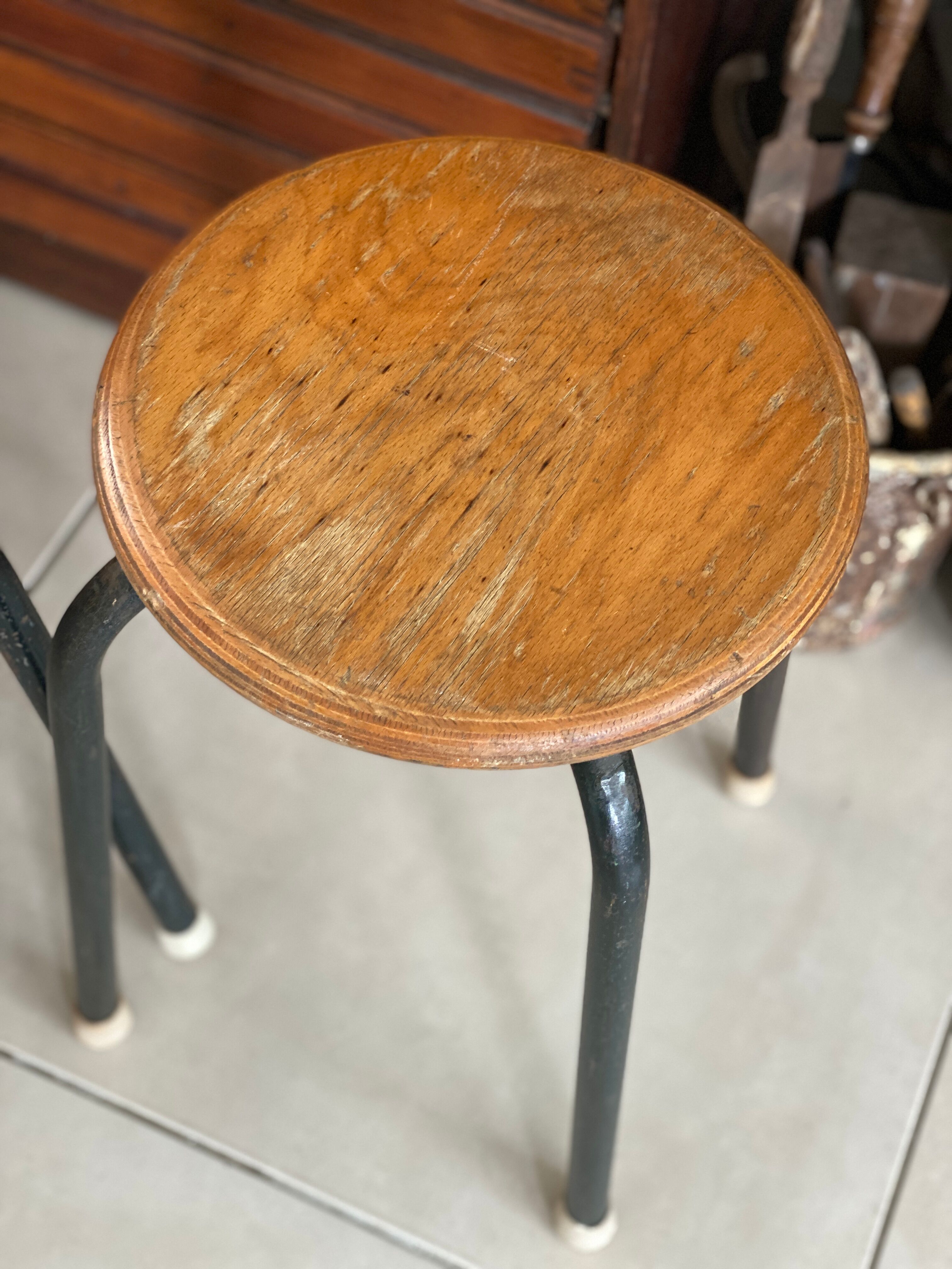 Pair of metal and wood workshop stools