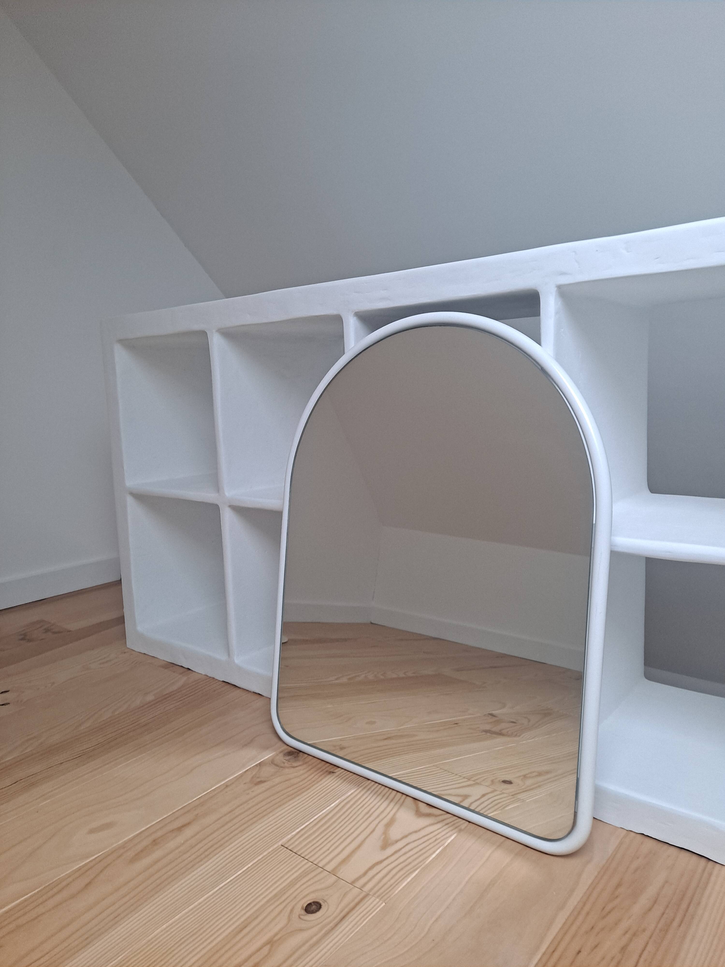 Arch mirror in white tubular steel frame from the 80s
