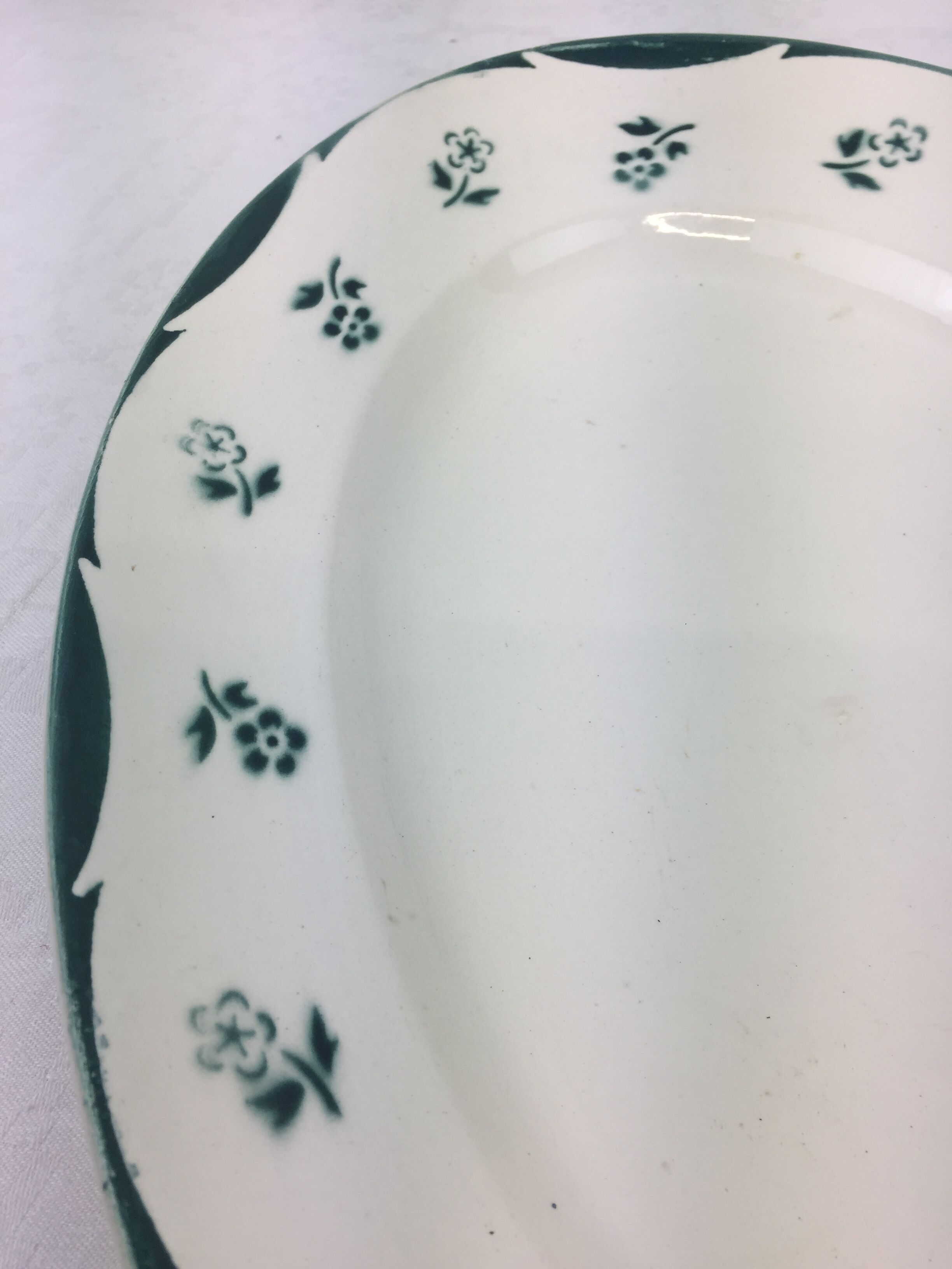 Antique oval dish made in France Digoin Sarreguemines, green flower decoration