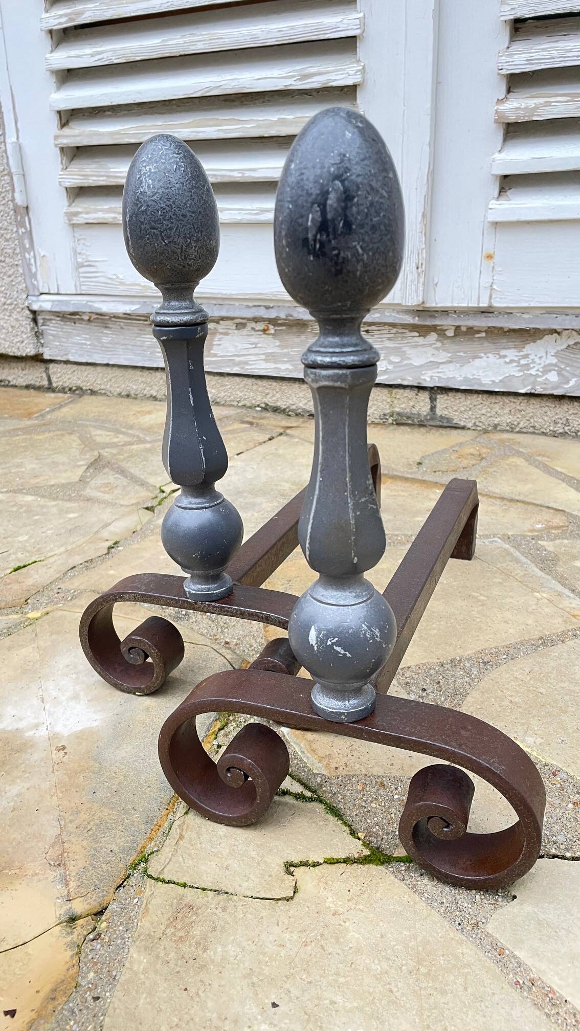 Pair of vintage geometric fire dogs