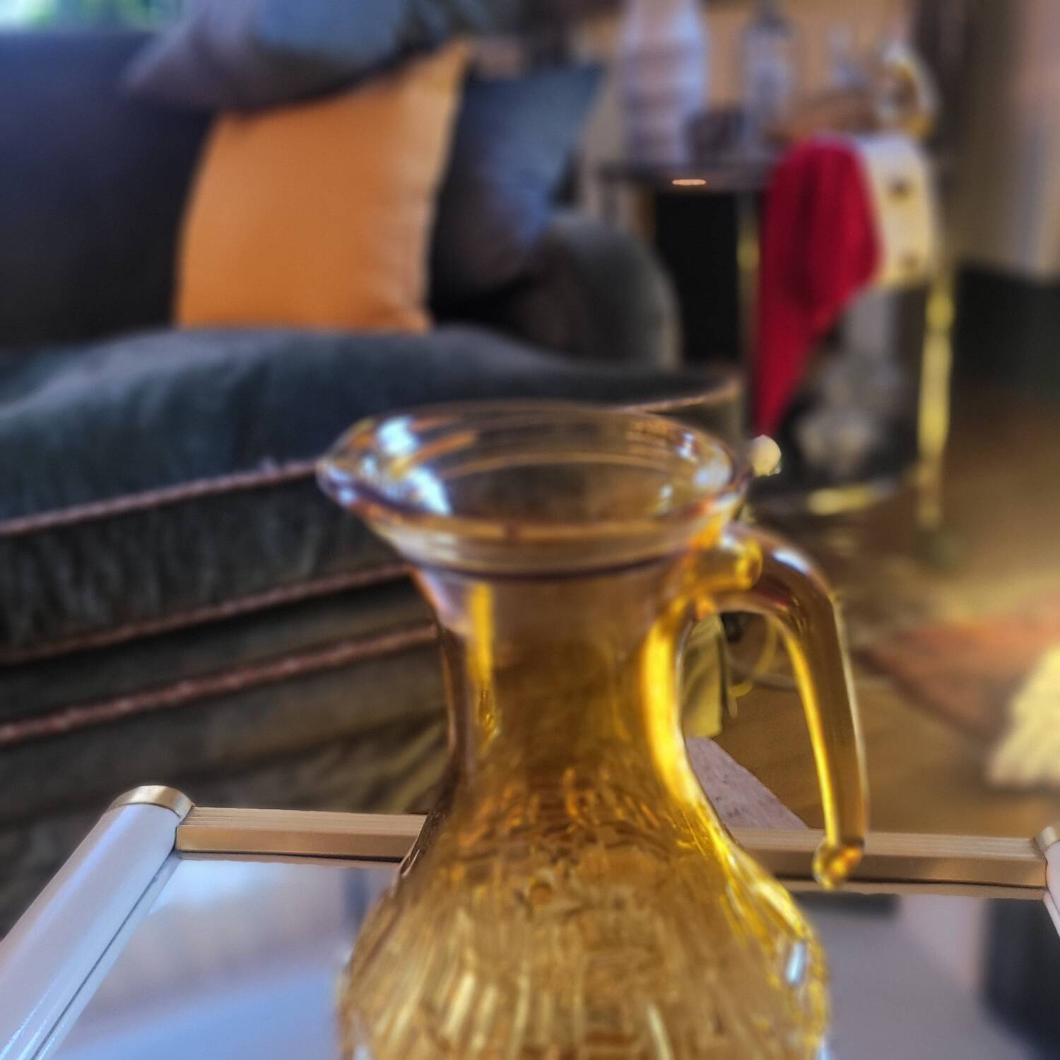 Amber relief glass pitcher. 1970s