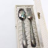 Old covered box in silver or silver metal spoon and fork with hallmarks
