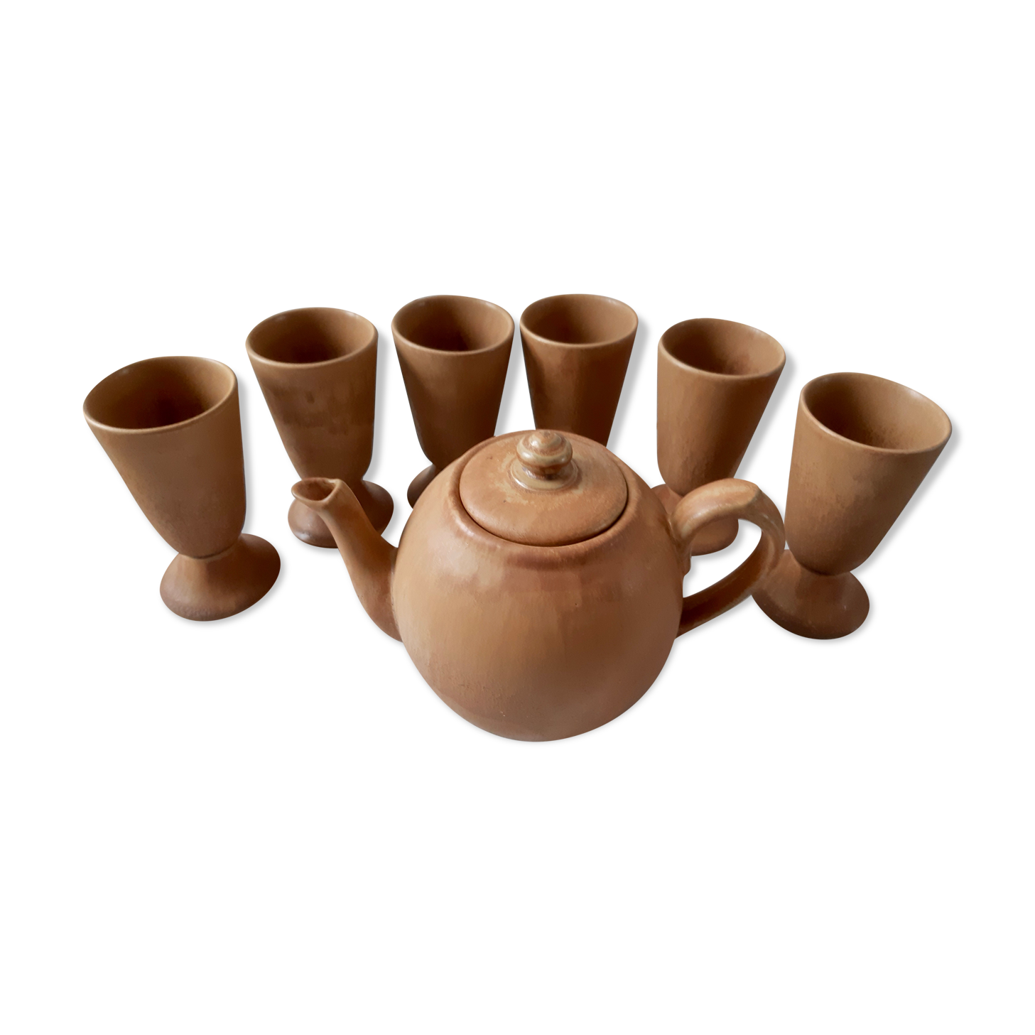 Tea teapot and mazagrans service in terracotta, vintage sandstone