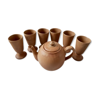 Service à thé théière et mazagrans en terre cuite, grès vintage