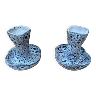 Pair of YURTSUA Candle Holders Vallauris Style Grey Ceramic Lava Vintage #B160