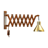 Solid teak wall lamp/Scissor lamp with brass coloured aluminium shade.