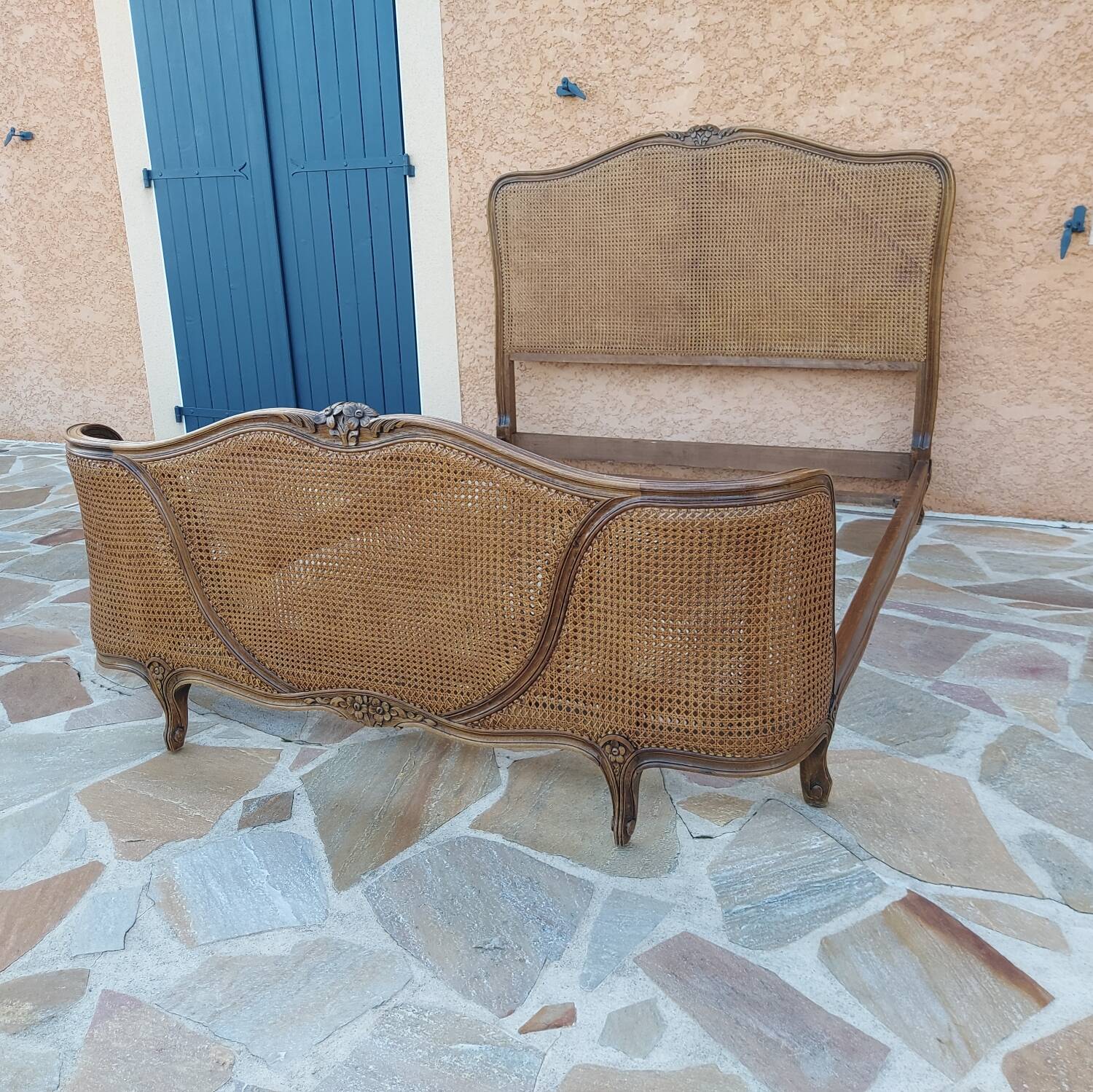 Louis XV style double cane basket bed, mid-20th century