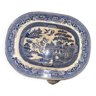 Ancien plateau à viande en poterie perle antique assiette saule bleu blanc